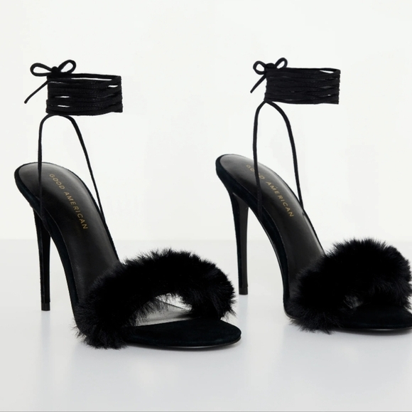 🔹️Good American🔹️ Black  Fluff Wrap  Heels Sandals - Picture 1 of 4